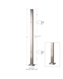 34" Height - End Post, 1-9/16" Square, Pre-Drilled - 8" Spacing - Alloy 304
