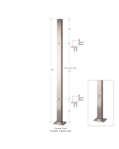 38" Height - Corner Post, 1-9/16" Square, Pre-Drilled - 8" Spacing - Alloy 304