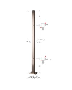 Stainless Steel Square Corner Post with Anchor Plate - 34-1/2" Height - Pre-drilled 8” and 10” Spacing - Alloy 304 - #4 Satin Finish