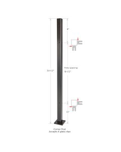 Black Stainless Steel Square Corner Post with Anchor Plate - 34-1/2" Height - Pre-drilled 8” & 10” Spacing - Alloy 304 - #4 Satin Finish