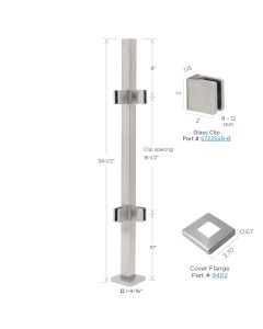 34-1/2" Height - Corner Post, 1-9/16" Square, Pre-Assembled - Glass Clips at 8" and 10" Spacing, Cover Flange - Alloy 304