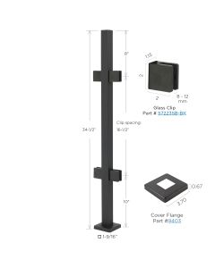 34-1/2" Height - Black, Center Post, 1-9/16" Square, Pre-Assembled - Glass Clips at 8" and 10" Spacing, Cover Flange - Alloy 304
