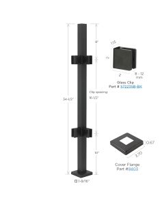 34-1/2" Height - Black, Corner Post, 1-9/16" Square, Pre-Assembled - Glass Clips at 8" and 10" Spacing, Cover Flange - Alloy 304