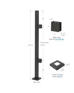 35-3/4" Height - Black, End Post, 1-9/16" Square, Pre-Assembled - Glass Clips at 8" and 10" Spacing, Cover Flange - Alloy 304
