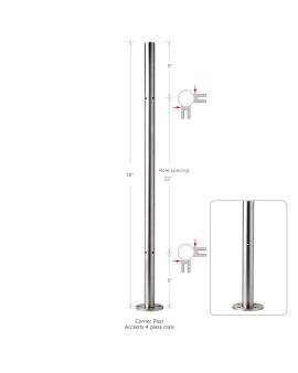 38" Height - Corner Post, 1-1/2"OD Round, Pre-Drilled - 8" Spacing - Alloy 304