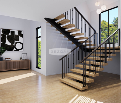 TimeLine® metal newel post TL920-30, geometric steel tube baluster TL99-1-30, and steel tube plain baluster TL12X-30