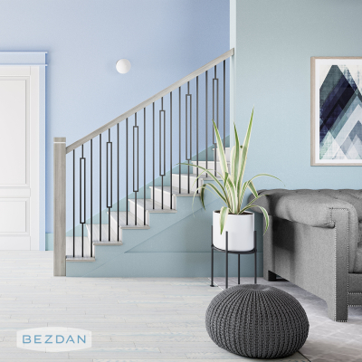 Modern staircase with TimeLine geometric balusters TL8-1-30 and plain balusters TL12X-30 in a blue interior.