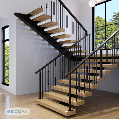 Floating staircase with TimeLine TL920-30 metal posts, TL89-1-30 geometric balusters, and TL12X-30 plain balusters.