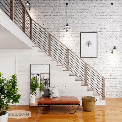 Staircase railing with TimeLine horizontal steel infill TL615RD-30 and wood posts in a modern loft interior.