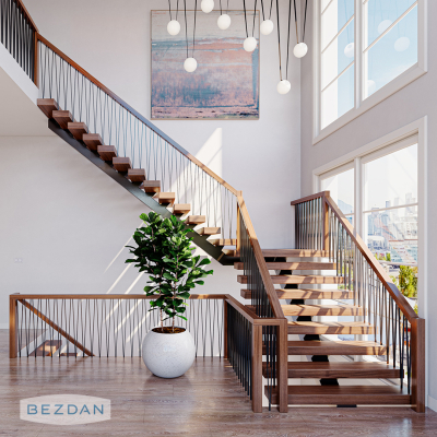Modern staircase with TimeLine TL05-30 geometric steel tube balusters and warm wood framing in an open, sunlit space.