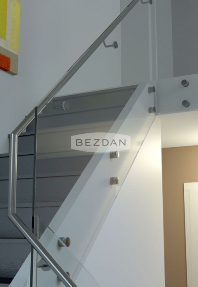 Bezdan Stainless 1-1/2" single adapter 6110, glass mount bracket 9740, round tube 9010