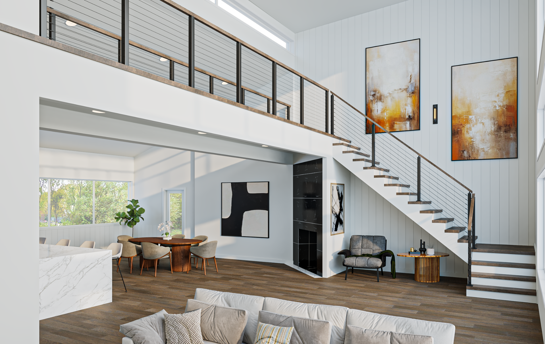 Open-concept interior featuring a staircase and mezzanine with wood accents, a sleek black stainless steel cable railing, and black PVD-finished stainless steel posts showcasing a modern black stainless steel railing solution for contemporary residential design.