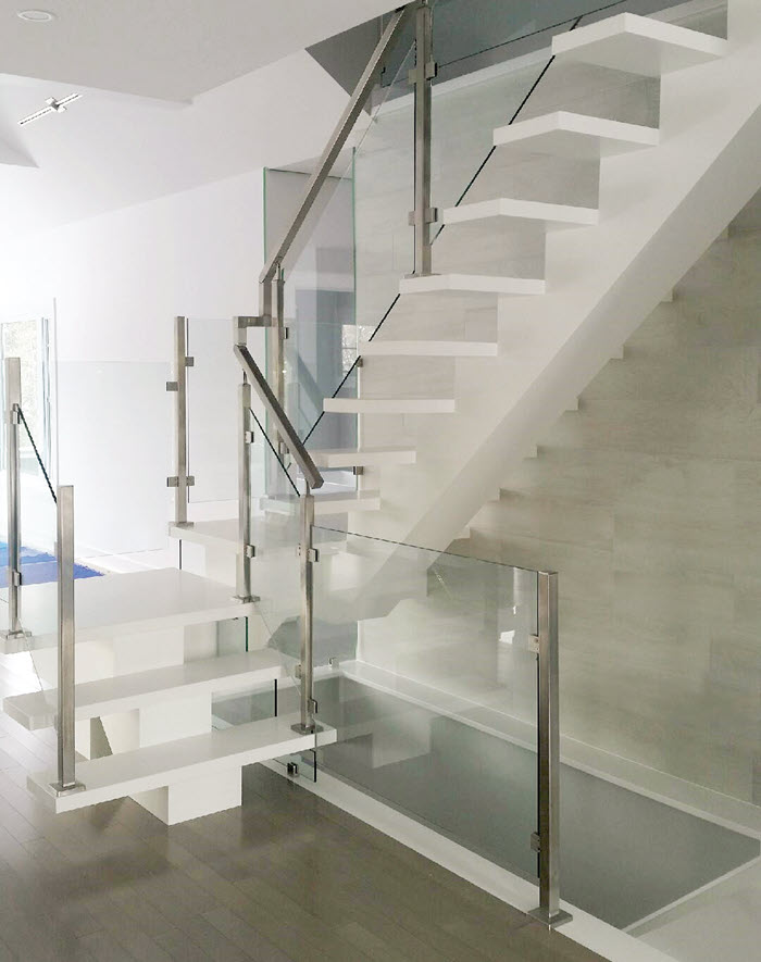 Brand: Bezdan Stainless sleek modern white staircase with glass baluster panels and stainless steel posts