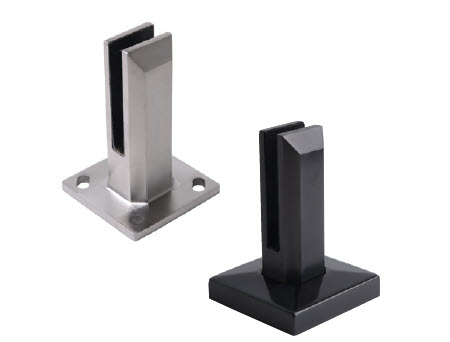 Adjustable glass base clamp Adjustable features allow for the alignment of glass panels while mounted.