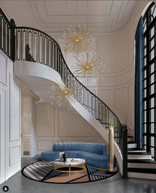 An elegant curved staircase with geometric steel tube balusters in satin black