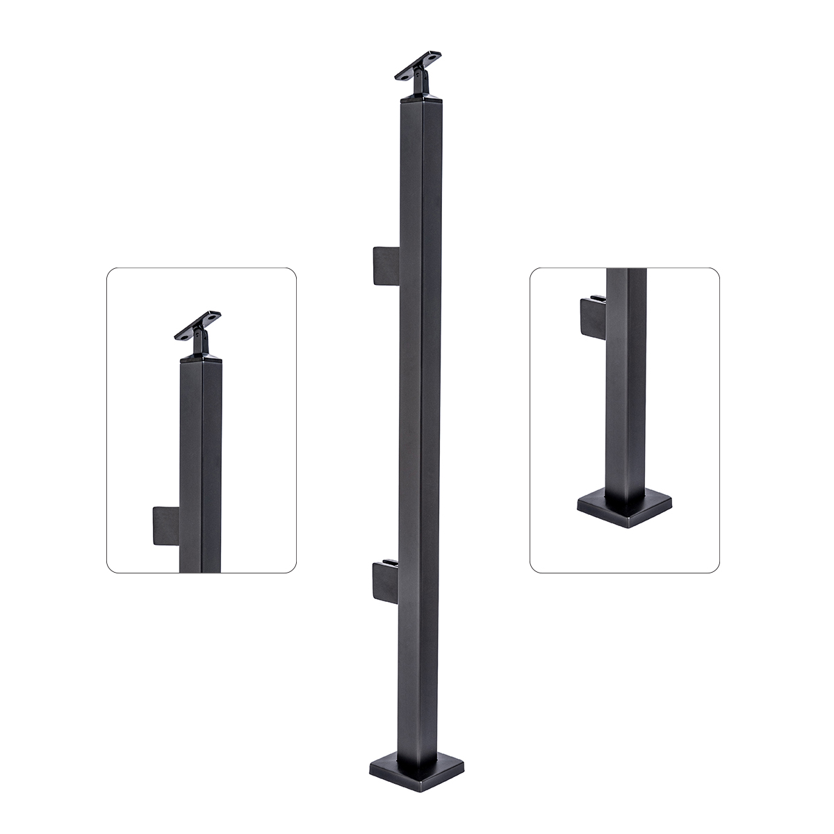 Pre-assembled square black stainless steel railing post with integrated glass clips and a flat saddle top mount bracket, featuring a durable black PVD stainless steel finish designed for modern glass railing applications.