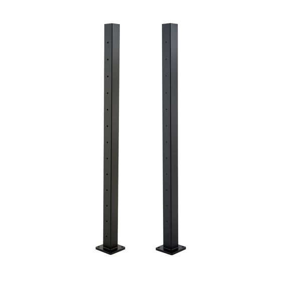 Pre-drilled black PVD-finished stainless steel cable surface-mount railing posts with square base, designed for both stair and level applications for modern residential and commercial projects.