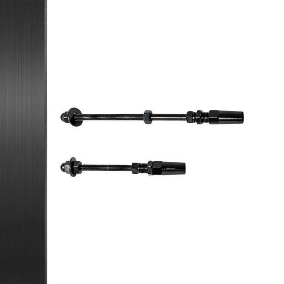 Black PVD-finished stainless steel through-post cable fittings for metal posts, featuring durable black stainless components designed for cable railing systems in modern stair and guardrail installations.